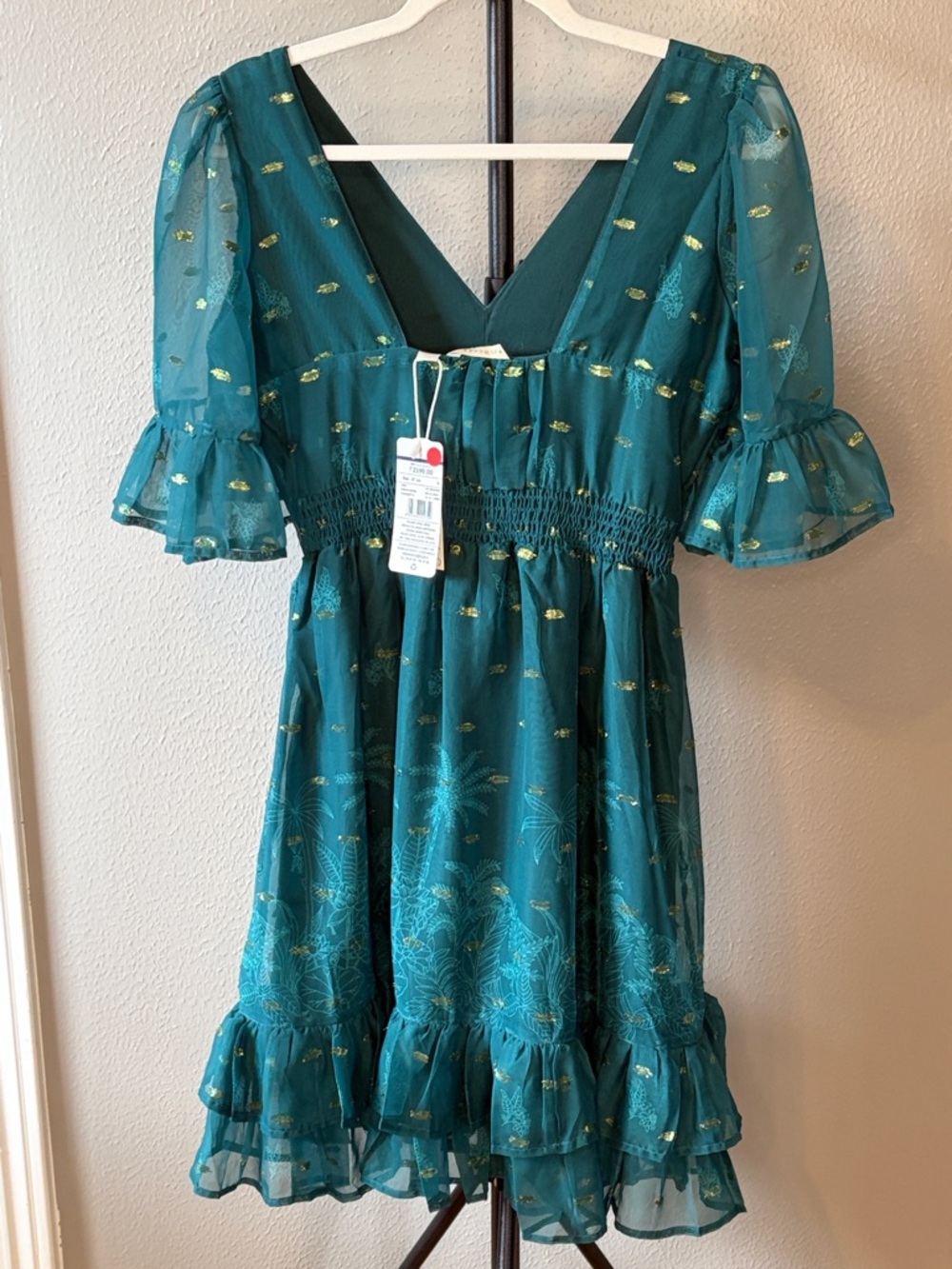 SVANAA Green Gold Metallic Smocked Puff Sleeve Mini Dress NWT Small - Picture 3 of 8